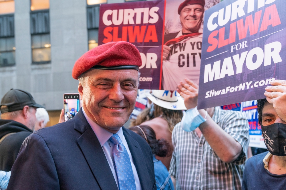 New York, NY - October 20, 2021: Curtis Sliwa Republican Party mayoral candidate greets supporters outside of NBC Studios before general election debates